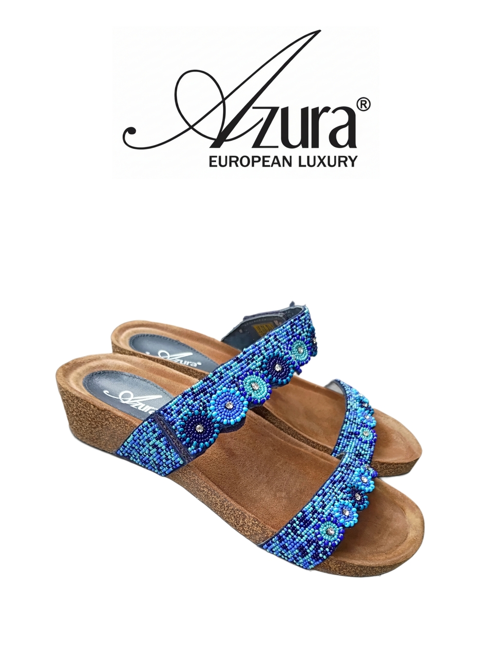 Azura Blue Beaded Bahama Low Wedge Slide Sandals for Women